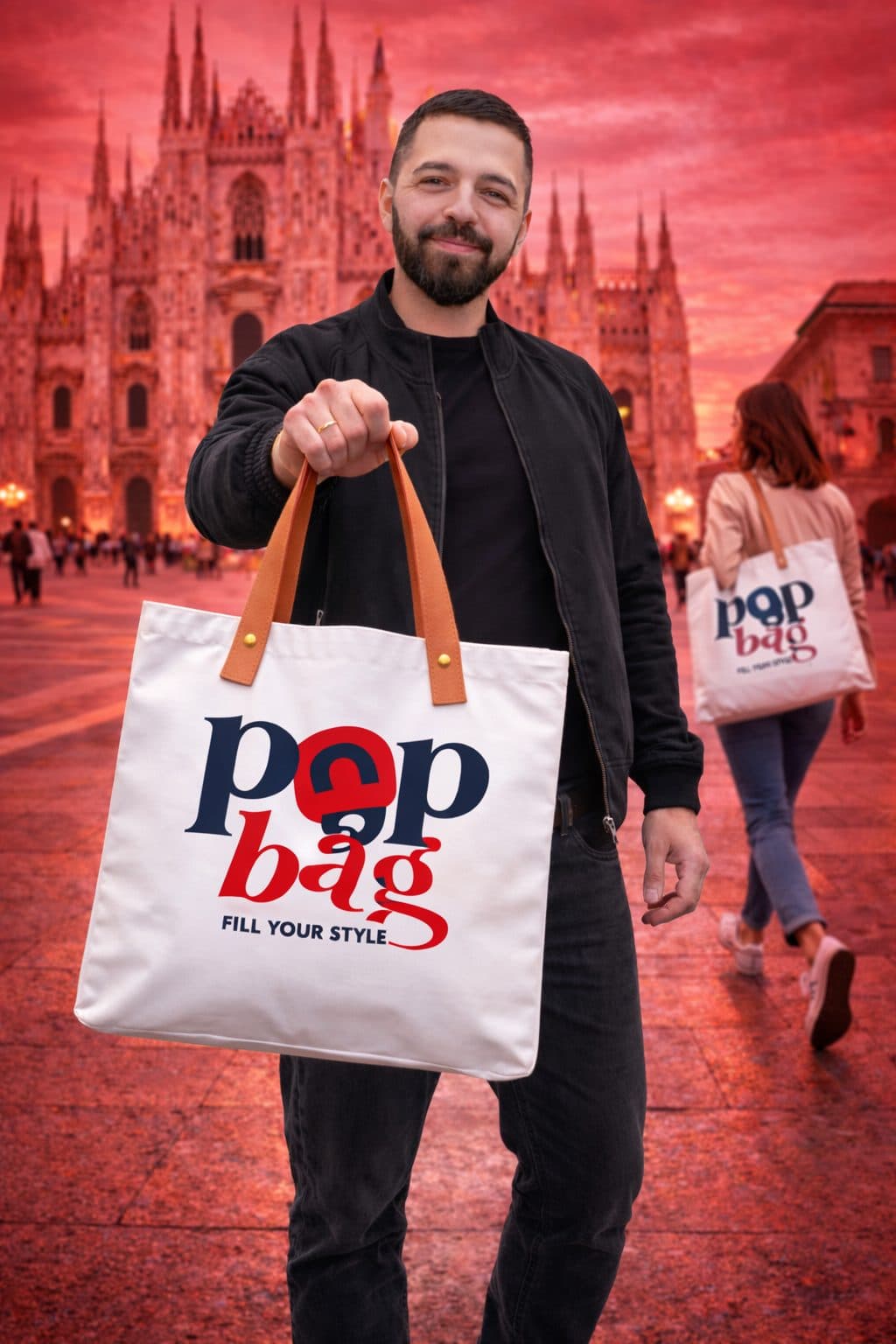 Un cliente mostra la tote bag POP BAG davanti al Duomo di Milano