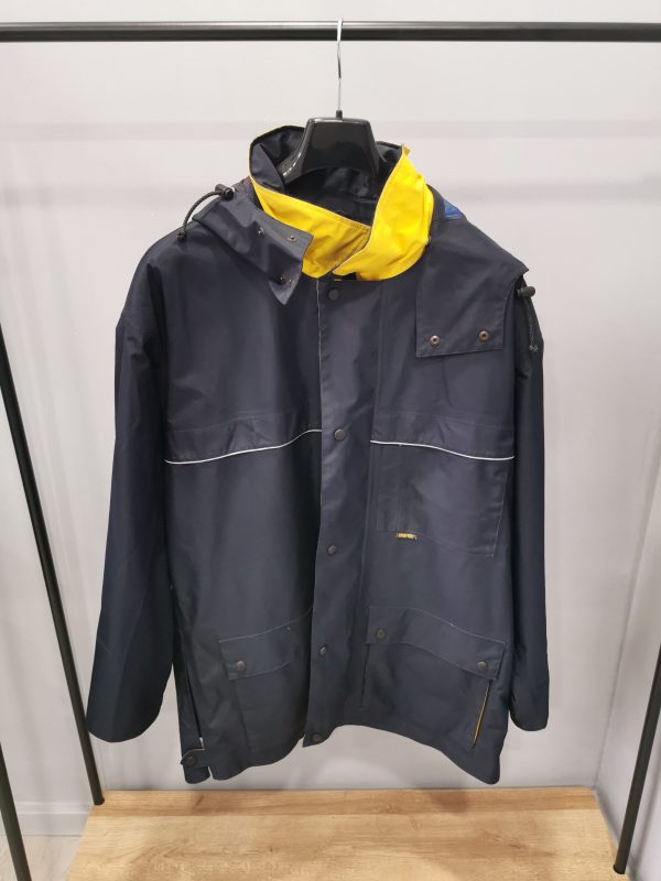 Giubbotto impermeabile con cappuccio tg52\54 blu interno giallo