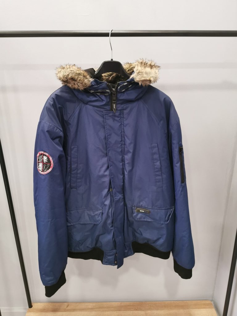 Giubbotto imbottito tgL blu cappuccio con pelliccia