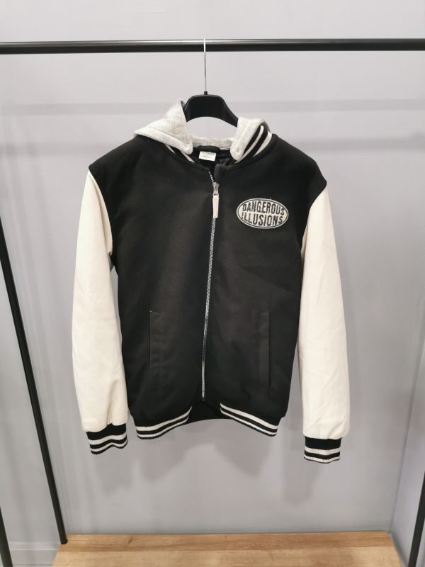 Bomber bambino tg12\14 anni imbottito nero con maniche in pelle bianco cappuccio in tuta grigio